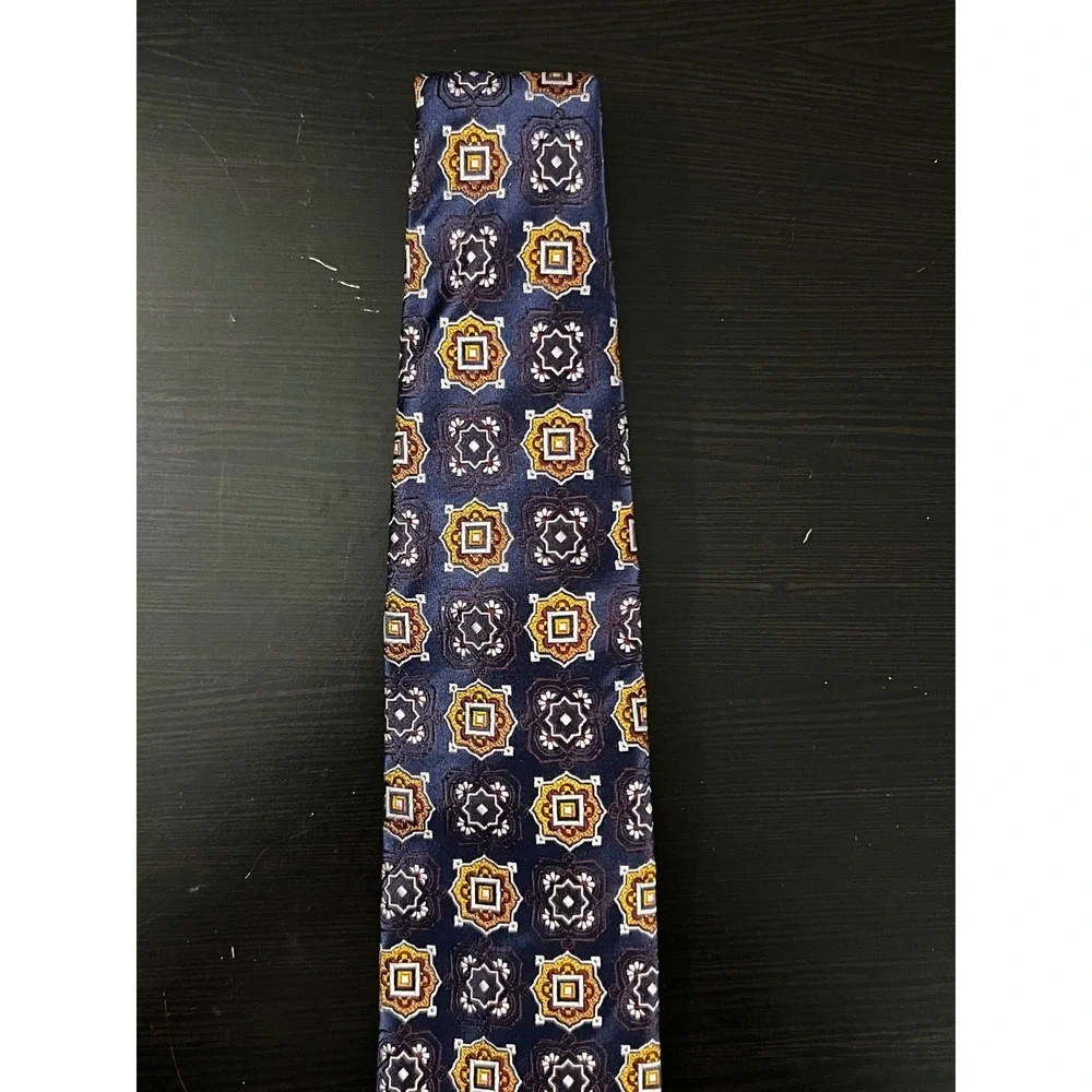 Canali Mens Navy Blue Gold‎ Silk Geometric Medallion Necktie Made in Italy